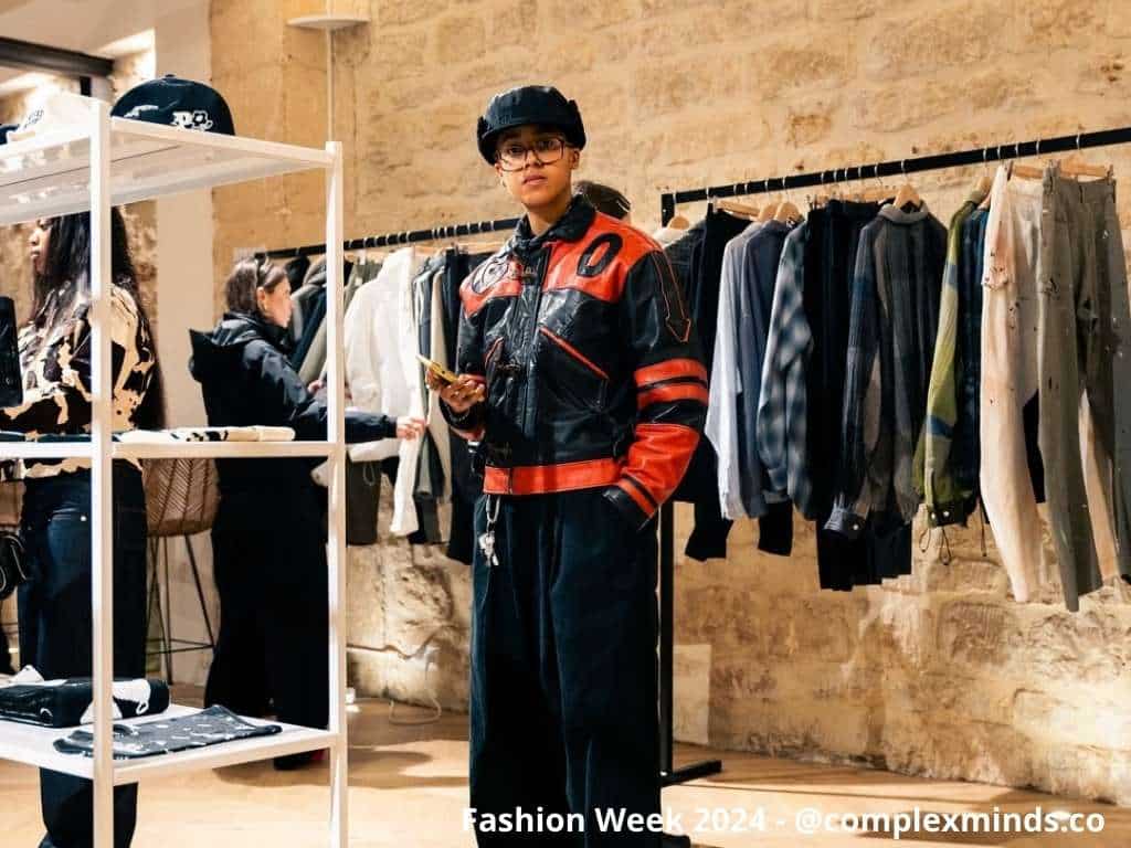 Mannequin défilant entre les murs bruts de Events Paris Marais pendant la Fashion Week