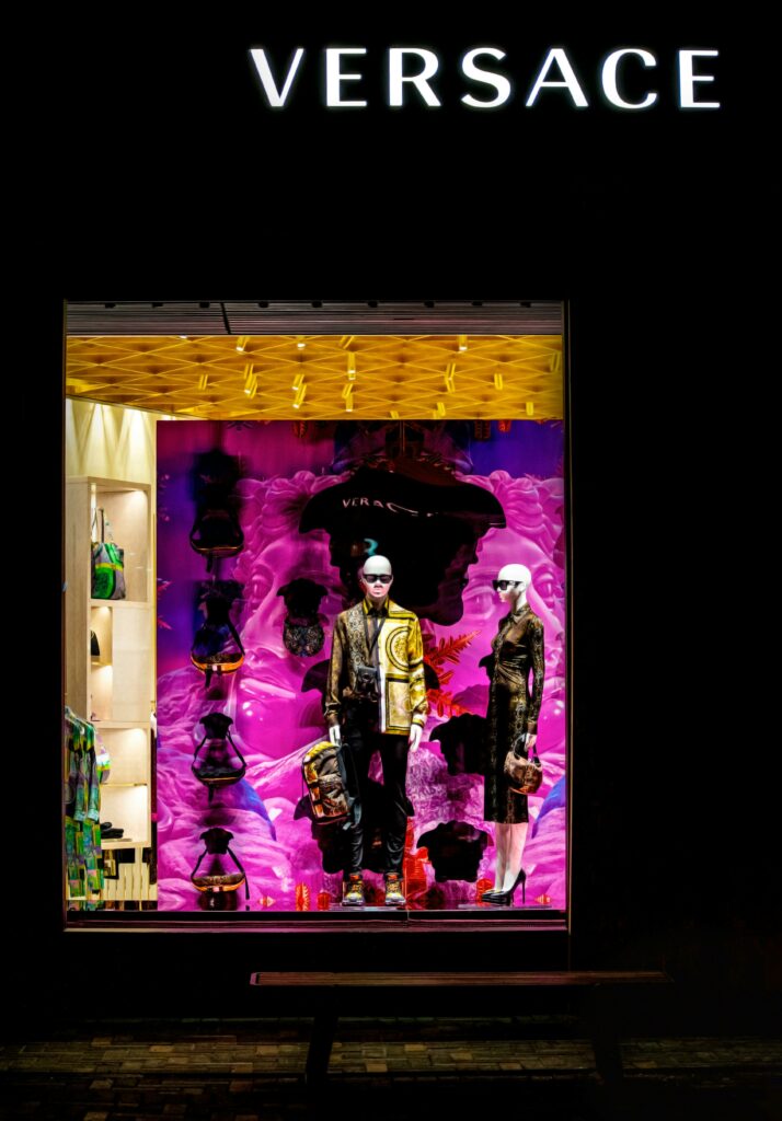 Stylish Versace window display in Toronto showcasing vibrant fashion design.